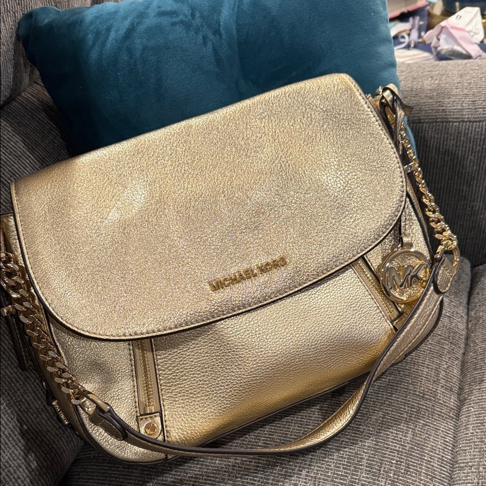 Michael Kors Metallic Gold Shoulder Bag new purse handbag MK tote designer care - Picture 2 of 10
